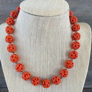 Vintage Coral Carved Celluloid Bead Necklace